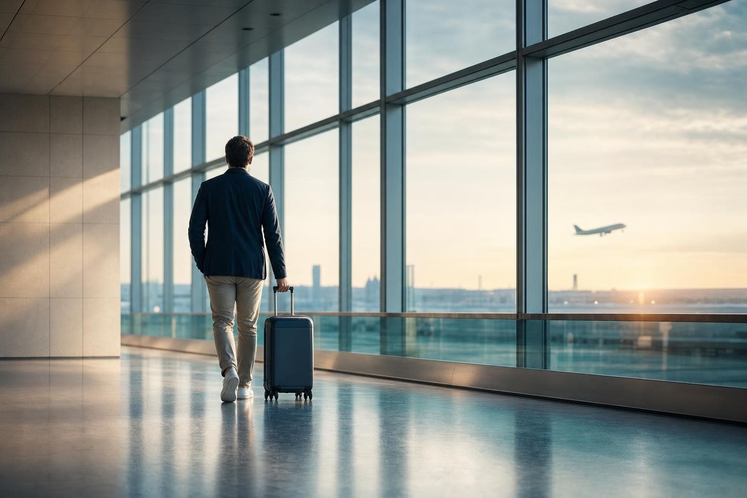 Traveller walking through an airport with a suitcase